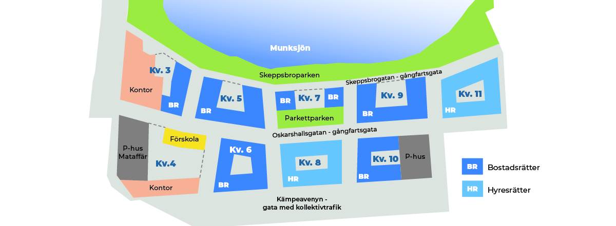 Illustrerad karta över kvarteren i den västra delen i Skeppsbron. Kvarteren ligger som ett rutnät i två rader längs med Munksjöns södra strand. Den norra raden har kvartersnummer 3, 5, 7, 9, & 11 från vänster räknat. Den södra rader har kvarternummer: 4, 6, 8 & 10 från vänster räknat.