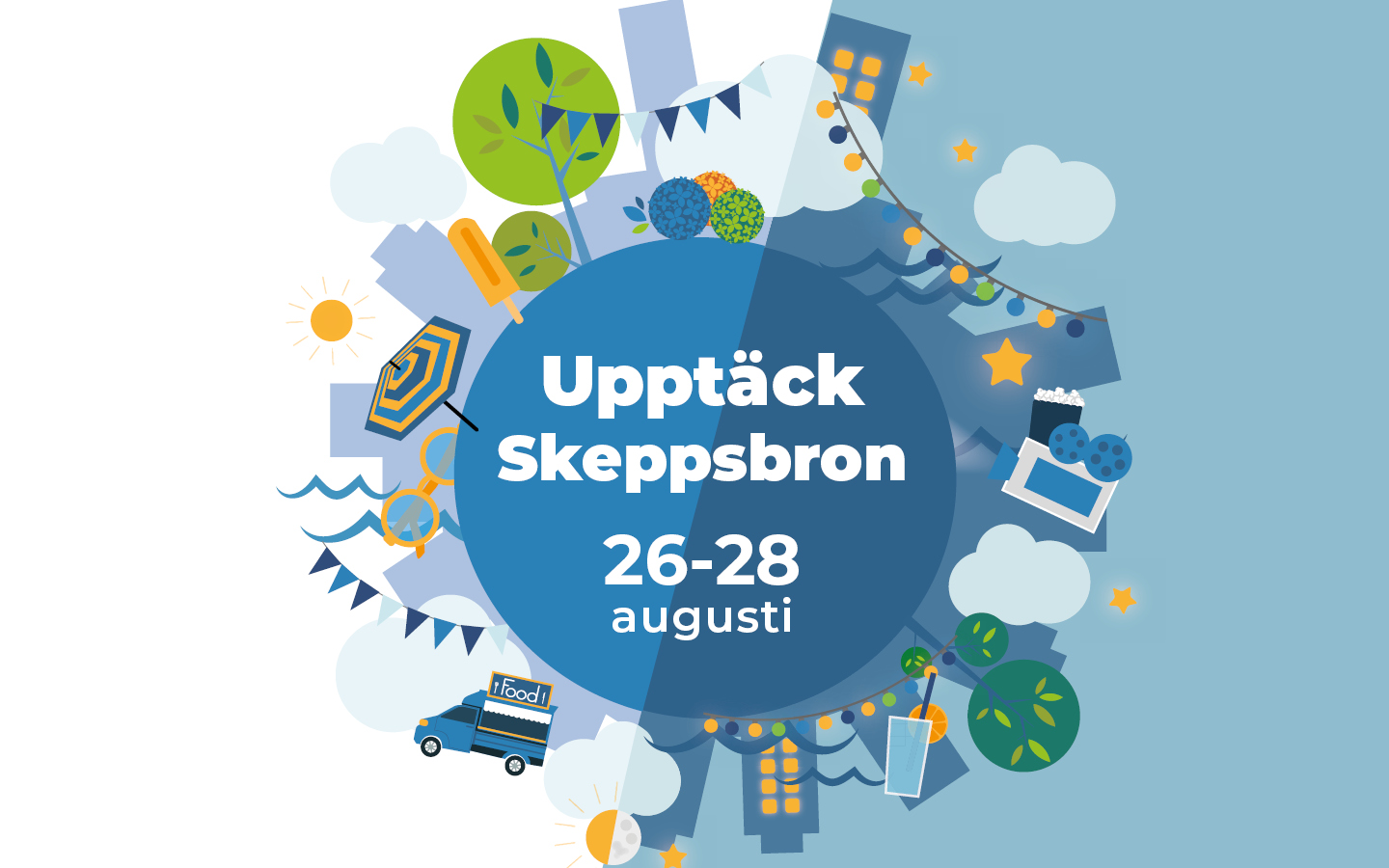 illustration med en massa somriga inslag. I bakgrunden en stadssiluett. Text i bild: Upptäck Skeppsbron, 26-28 augusti.
