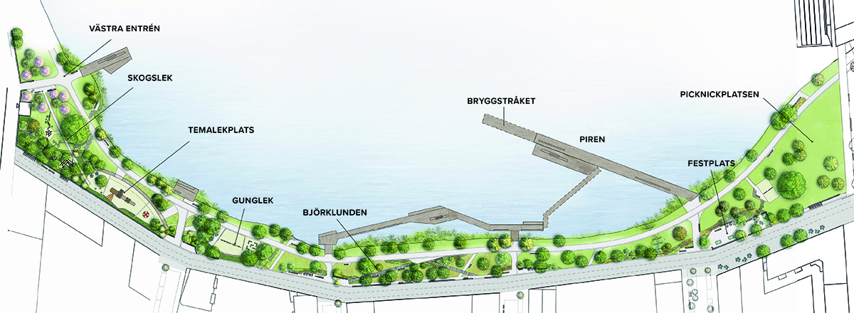 Skissad karta som visar en översikt av den västra delen av Skeppsbroparken. Parken är långsmal, innehåller mycket grönska och olika "rum". Skeppsbroparkens olika rum beskrivs i texten på den här webbsidan.